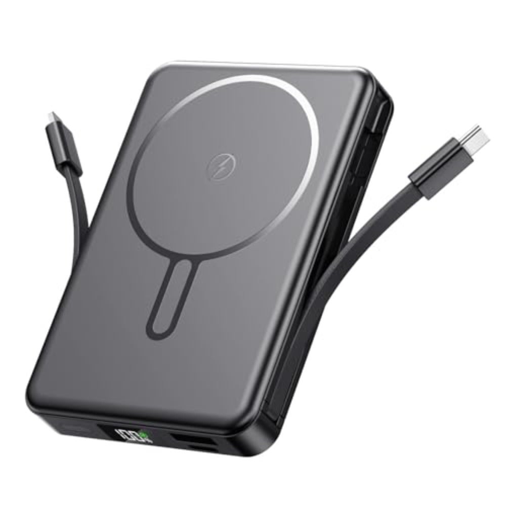 Magsafe Power Bank 10000mAh for iPhone Samsung users, aluminum alloy wireless portable charger with LED display, 22.5W fast charging, built-in USB-C Lightning cables, 5 outputs 2 inputs, black, ultra-slim design