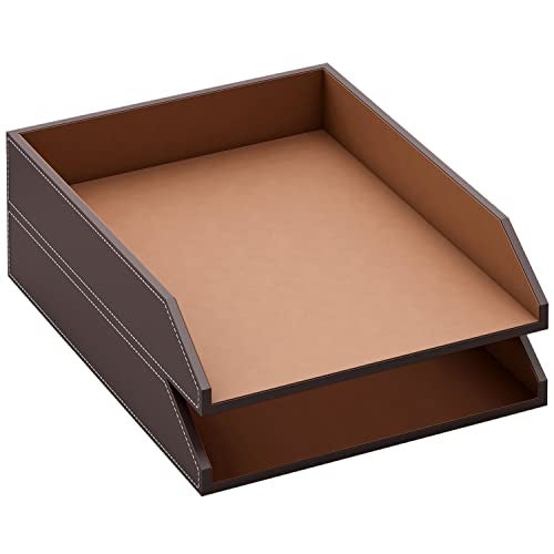 Thipoten Leather Letter Tray, Thipoten Stackable Desk Organizer Holder for Office Supplies, Paper, File, Magazine, Perfect Office Organization for Desktop (Brown-2Tiers) - Image 1