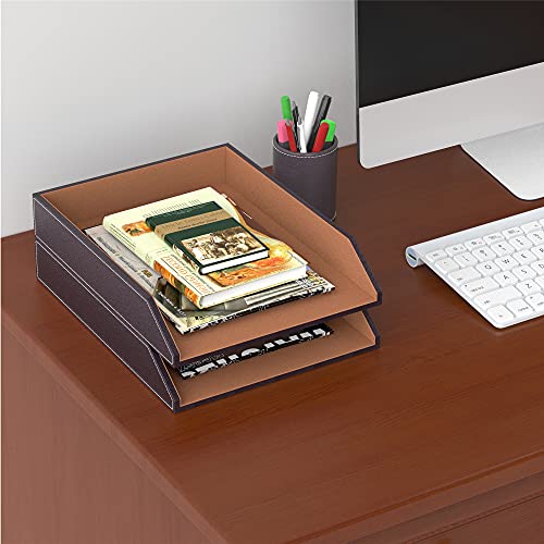 Thipoten Leather Letter Tray, Thipoten Stackable Desk Organizer Holder for Office Supplies, Paper, File, Magazine, Perfect Office Organization for Desktop (Brown-2Tiers) - Image 4