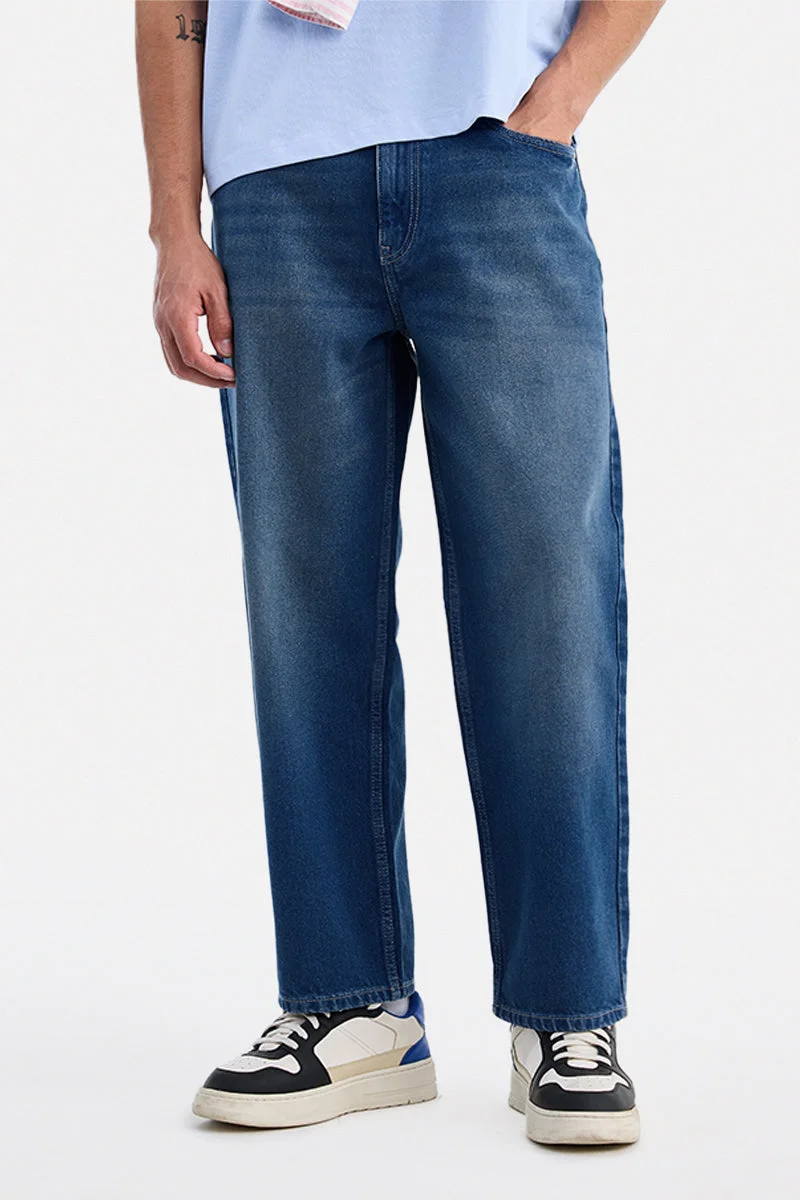 SNITCH Blue Solid Loose Fit Streetwear Jeans