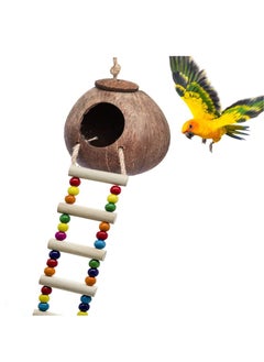 Generic Coconut Bird Nest with Ladder Bird Toy Hanging Coconut Shell Bird Nest for Parakeets Reusable Grass Woven Parakeet Breeding Cave Handmade Hanging Bird Nest Cage  - Image 1