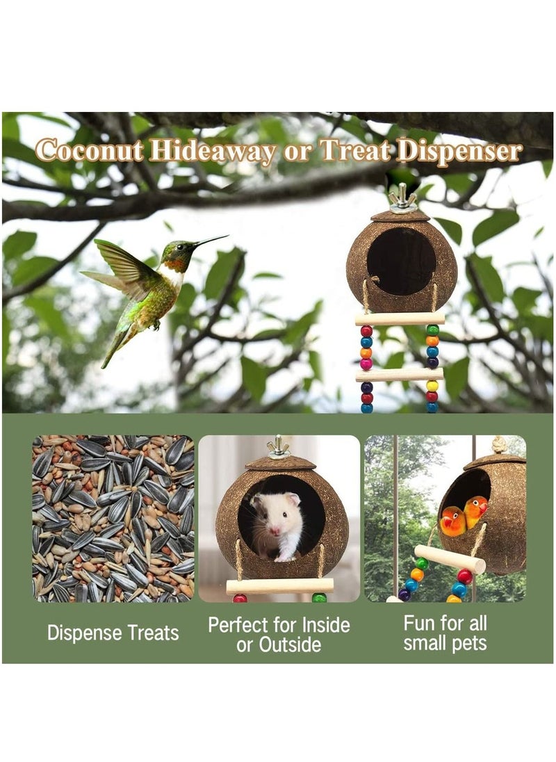 Generic - Coconut Bird Nest with Ladder Bird Toy Hanging Coconut Shell Bird Nest for Parakeets Reusable Grass Woven Parakeet Breeding Cave Handmade Hanging Bird Nest Cage - Image 1