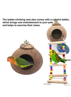 Generic Coconut Bird Nest with Ladder Bird Toy Hanging Coconut Shell Bird Nest for Parakeets Reusable Grass Woven Parakeet Breeding Cave Handmade Hanging Bird Nest Cage  - Image 4
