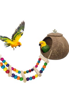 Generic Coconut Bird Nest with Ladder Bird Toy Hanging Coconut Shell Bird Nest for Parakeets Reusable Grass Woven Parakeet Breeding Cave Handmade Hanging Bird Nest Cage  - Image 2