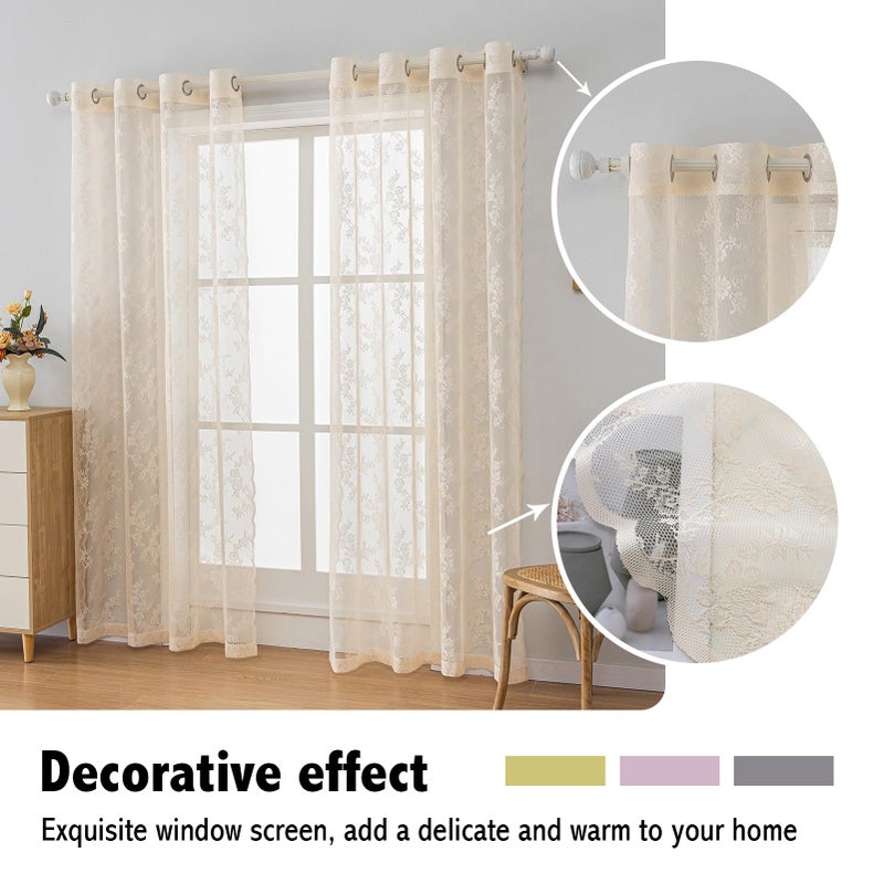 Anytime Beige Lace Sheer Curtain Panels for Living Room Elegant Window Treatment Sets Light Filtering Translucent Draperies for Office (2 Panels,W55 x L84inch) - Image 5