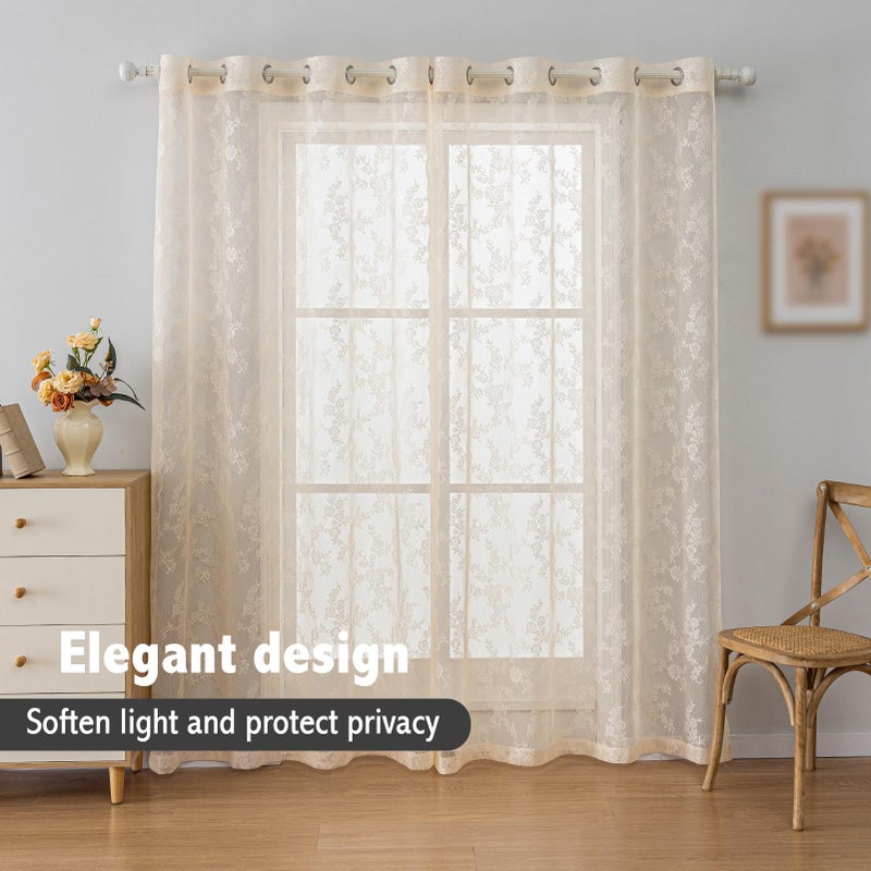 Anytime Beige Lace Sheer Curtain Panels for Living Room Elegant Window Treatment Sets Light Filtering Translucent Draperies for Office (2 Panels,W55 x L84inch) - Image 4