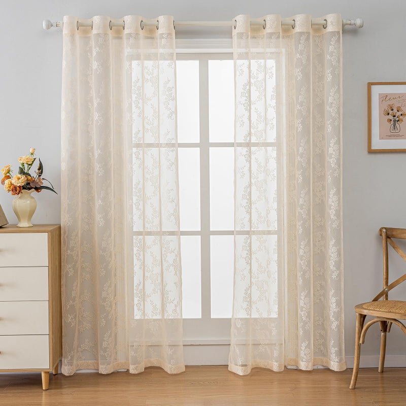 Anytime Beige Lace Sheer Curtain Panels for Living Room Elegant Window Treatment Sets Light Filtering Translucent Draperies for Office (2 Panels,W55 x L84inch) - Image 1