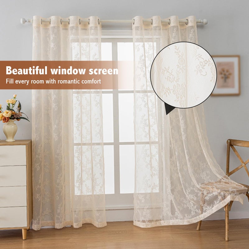 Anytime Beige Lace Sheer Curtain Panels for Living Room Elegant Window Treatment Sets Light Filtering Translucent Draperies for Office (2 Panels,W55 x L84inch) - Image 3