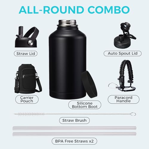VICKNIY 64 oz Insulated Water Bottle with Straw & Auto Spout Lids, Paracord Handle, Half Gallon Waterbottle Strap Carrier & Protective Boot, Wide Mouth Metal Canteen Thermo Mug, Leak-proof Sports Black Jug - Image 2