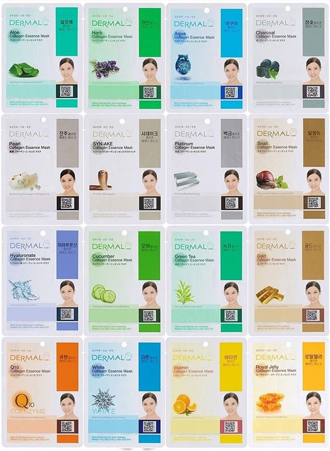 DERMAL 16 Combo Pack A Collagen Essence Korean Face Mask - Hydrating and Soothing Facial Mask with Panthenol - Hypoallergenic Self Care Sheet Mask for All Skin Types - Natural Home Spa Treatment Masks - Image 1