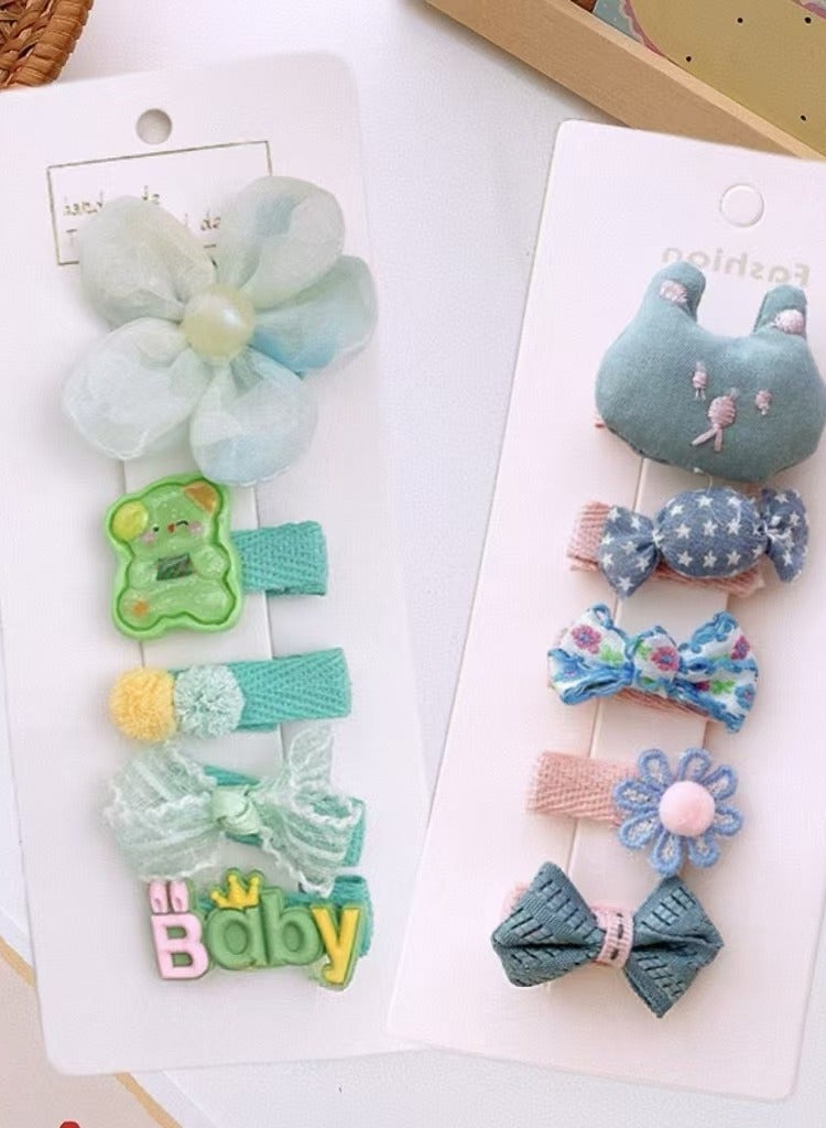 Generic 10 Pcs Charming Girls' Hair Clip Set: Delicate Flower, Cute Animal, and Bow-Shaped Knitted Hairpin in Soft Pastel Tones - Crafted from Quality Fabric and Plastic, Ideal for Daily Styling and Special Moments (Green) - Image 1