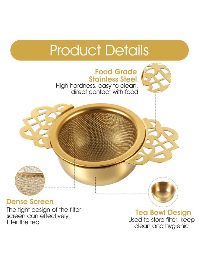 SUNSAR 2 Pack Tea Strainer Bowl,Stainless Steel Tea Strainers for Loose Teas Single Cup Small Fine Mesh Teas Strainer with Drip Bowls for 2.5-4 Inch Cup Mouth,Gold - Image 2
