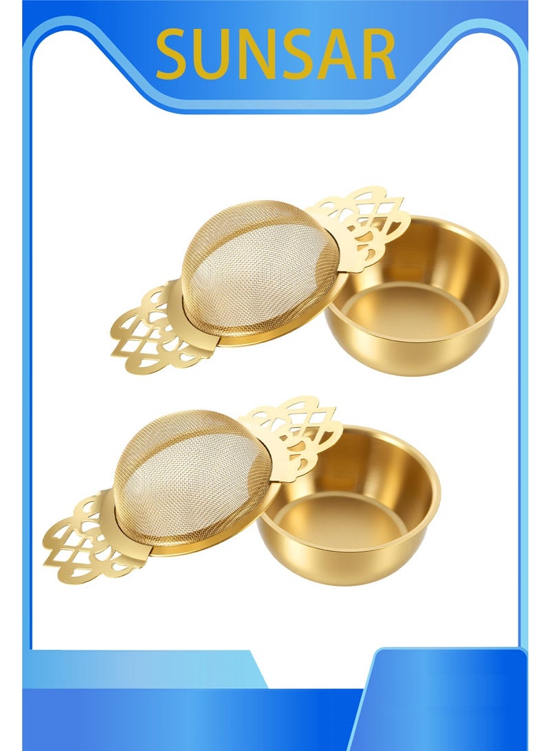 SUNSAR 2 Pack Tea Strainer Bowl,Stainless Steel Tea Strainers for Loose Teas Single Cup Small Fine Mesh Teas Strainer with Drip Bowls for 2.5-4 Inch Cup Mouth,Gold - Image 1