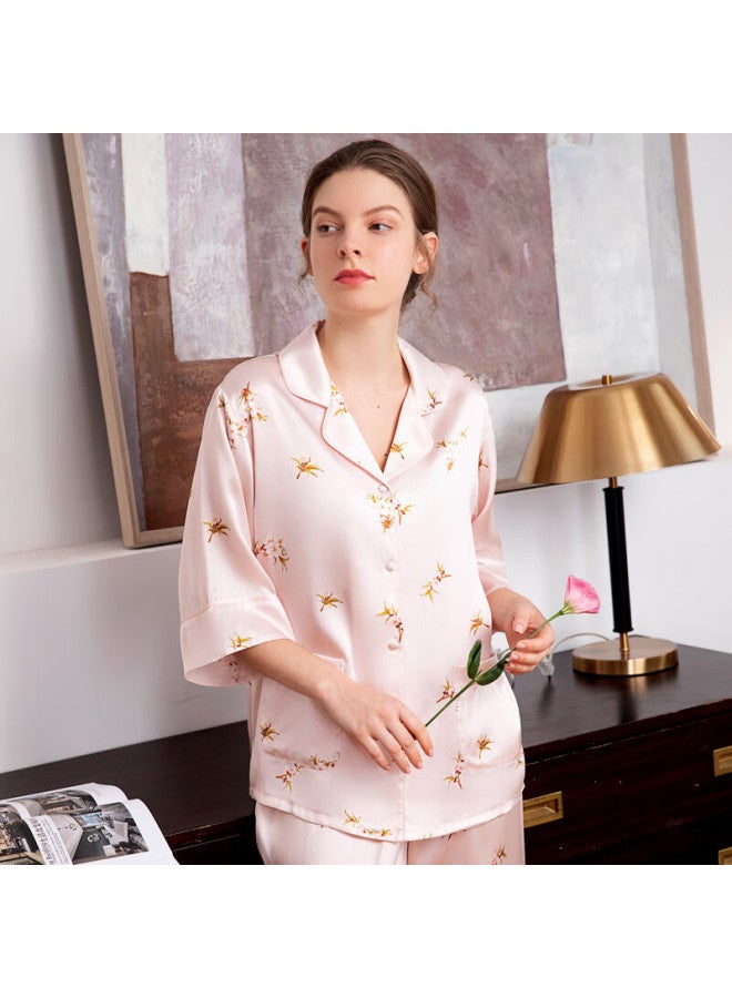 Meibiao 19mm Heavyweight Pure Silk 3/4 Sleeve Pajamas For Women 6a Grade Mulberry Silk Loungewear A64 Light Pink L