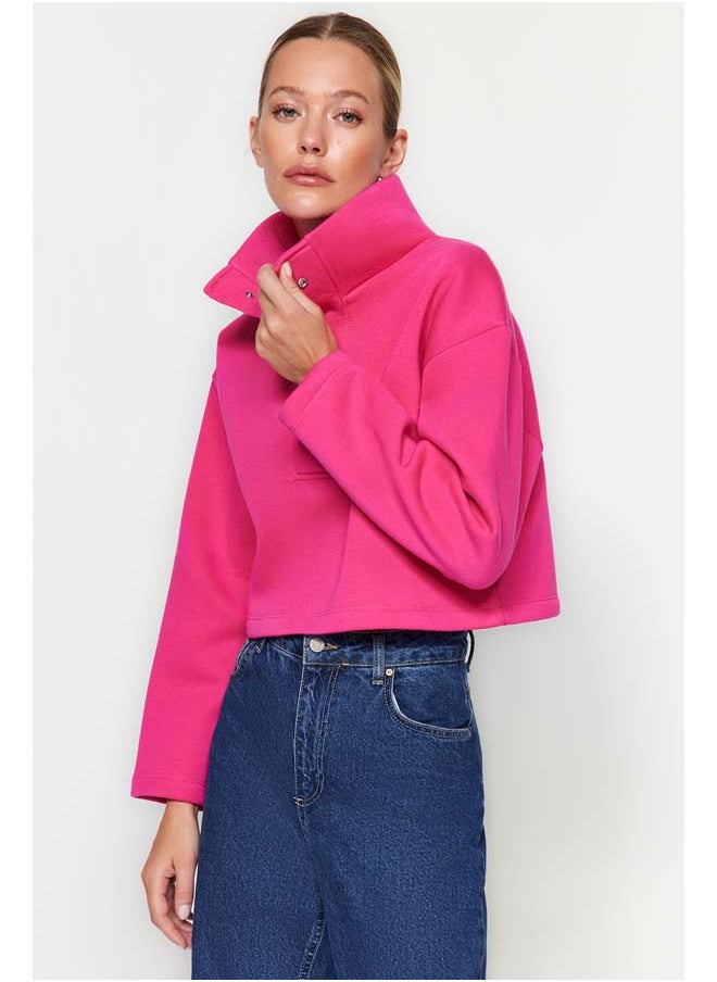 trendyol Fuchsia Relaxed Fit Crop High Neck Snap Fast Fleece Knitted Sweatshirt TWOAW24SW00008  - Image 1