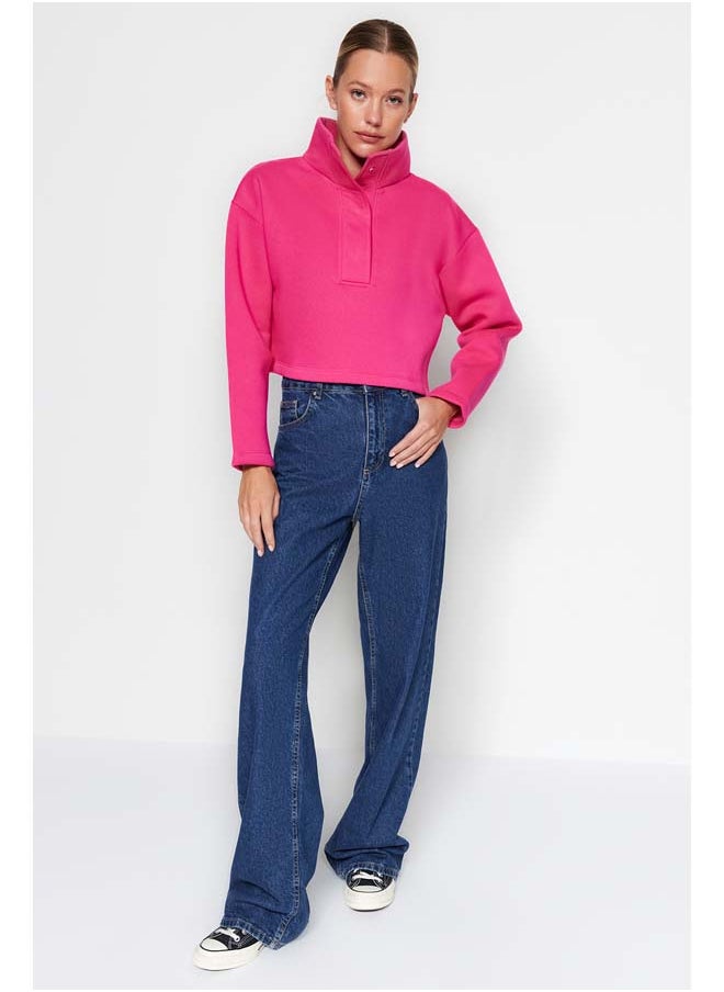 trendyol Fuchsia Relaxed Fit Crop High Neck Snap Fast Fleece Knitted Sweatshirt TWOAW24SW00008  - Image 3