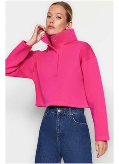 trendyol Fuchsia Relaxed Fit Crop High Neck Snap Fast Fleece Knitted Sweatshirt TWOAW24SW00008  - Image 2