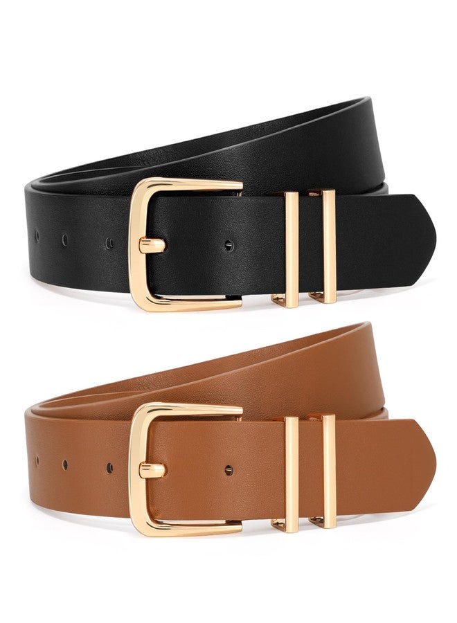 SANSTHS 2 Pack Women Belt for Jeans Pants, Simple Fashion Ladies Waist Belt with Gold Buckle, 1inch Width, Black+Brown M - Image 2