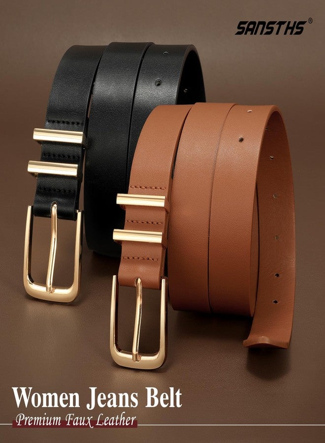 SANSTHS 2 Pack Women Belt for Jeans Pants, Simple Fashion Ladies Waist Belt with Gold Buckle, 1inch Width, Black+Brown M - Image 4
