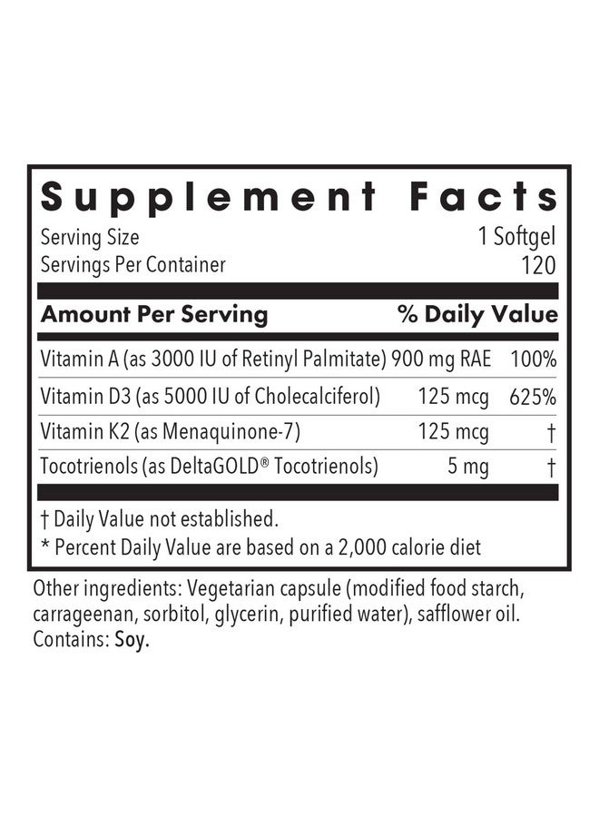 Allergy Research Group Vitamin D3 Complete 5000 IU - Vitamin D3 and K2 Supplement, Daily Balance, with Vitamin A, DeltaGold Tocotrienols, High Potency, Veggie Softgels - 120 Count - Image 3