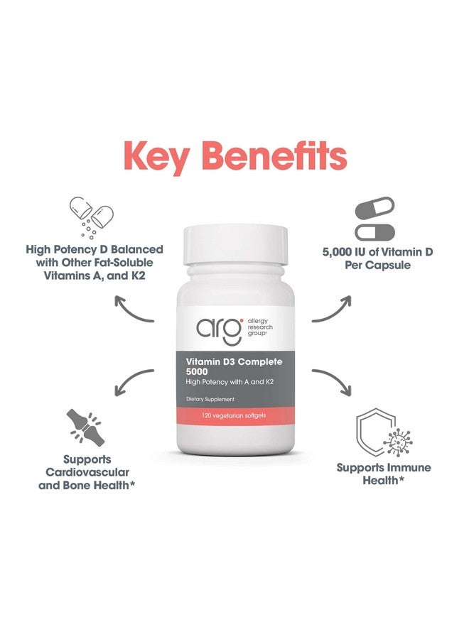 Allergy Research Group Vitamin D3 Complete 5000 IU - Vitamin D3 and K2 Supplement, Daily Balance, with Vitamin A, DeltaGold Tocotrienols, High Potency, Veggie Softgels - 120 Count - Image 4