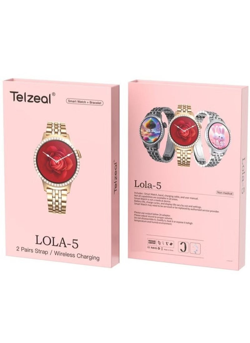 Telzeal Elegant Gold Smart Watch with Bracelet Wireless Charging, 2 Pairs of Straps, Fitness Tracker & Health Monitor for Ladies and Girls