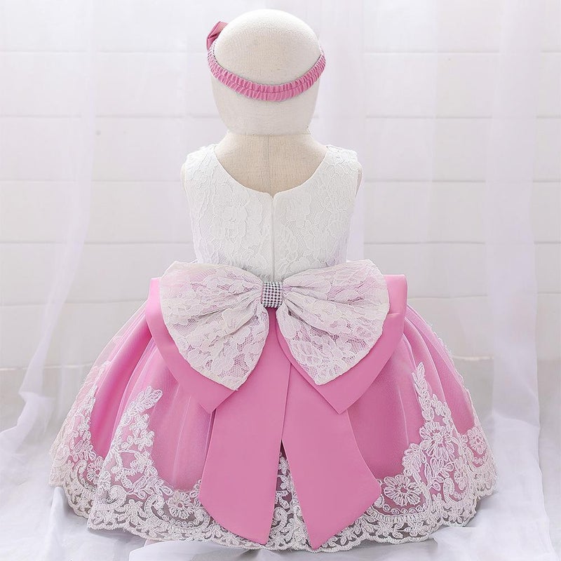 Amazon Baby Dress Big Bow Lace Wedding Princess Dress Baby One Year Old Wash Dress Hair Belt L1911XZ-bean powder 