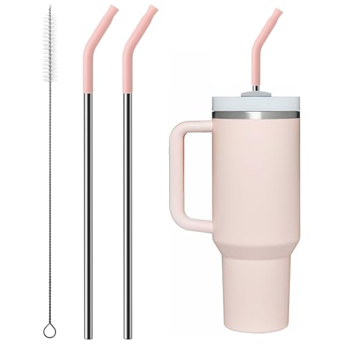 Bluwing Metal Straw with Silicone Tip for 40oz Stanley Cup, 2 Pcs Stainless Steel Straws Replacement for Stanley 40 oz Adventure Quencher Travel Tumbler Cup, 1 Straw Brush (Light Pink) - Image 1
