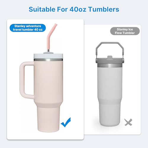Bluwing Metal Straw with Silicone Tip for 40oz Stanley Cup, 2 Pcs Stainless Steel Straws Replacement for Stanley 40 oz Adventure Quencher Travel Tumbler Cup, 1 Straw Brush (Light Pink) - Image 2