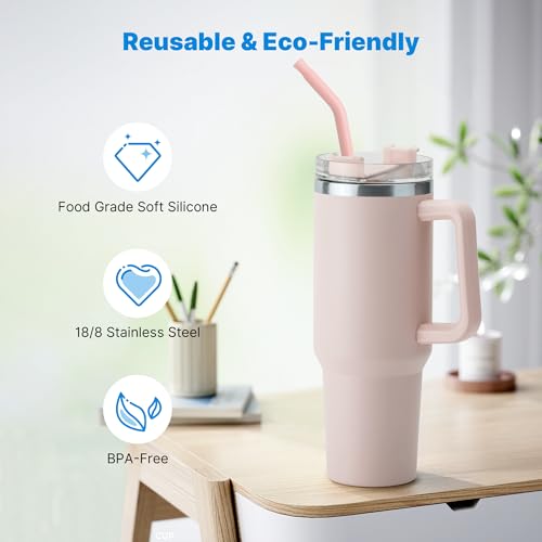 Bluwing Metal Straw with Silicone Tip for 40oz Stanley Cup, 2 Pcs Stainless Steel Straws Replacement for Stanley 40 oz Adventure Quencher Travel Tumbler Cup, 1 Straw Brush (Light Pink) - Image 4
