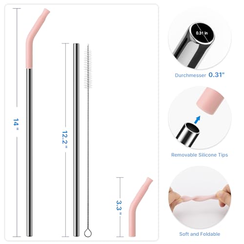 Bluwing Metal Straw with Silicone Tip for 40oz Stanley Cup, 2 Pcs Stainless Steel Straws Replacement for Stanley 40 oz Adventure Quencher Travel Tumbler Cup, 1 Straw Brush (Light Pink) - Image 3