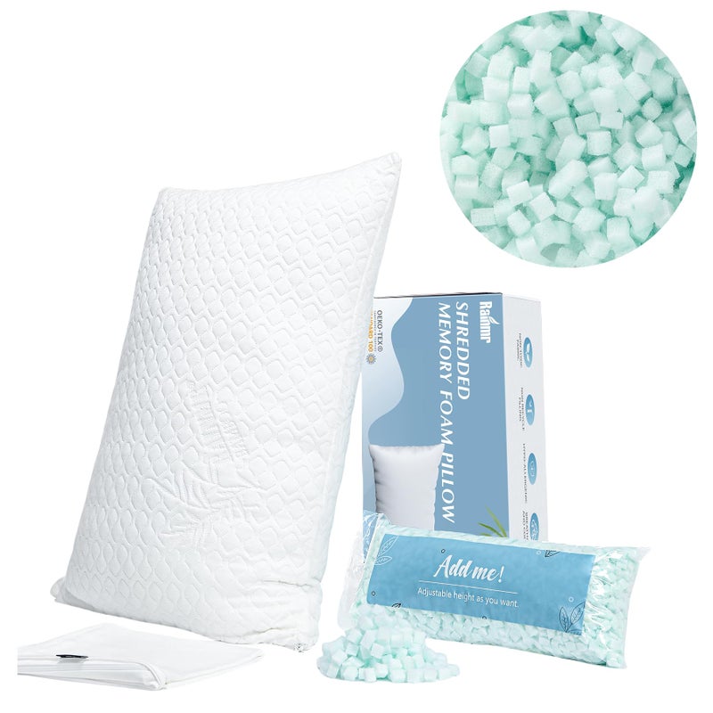 Rainmr Queen Size Bed Pillow for Sleeping Shredded Memory Foam Adjustable Loft Pillows with Cooling Washable Pillow Case 20x30 inches