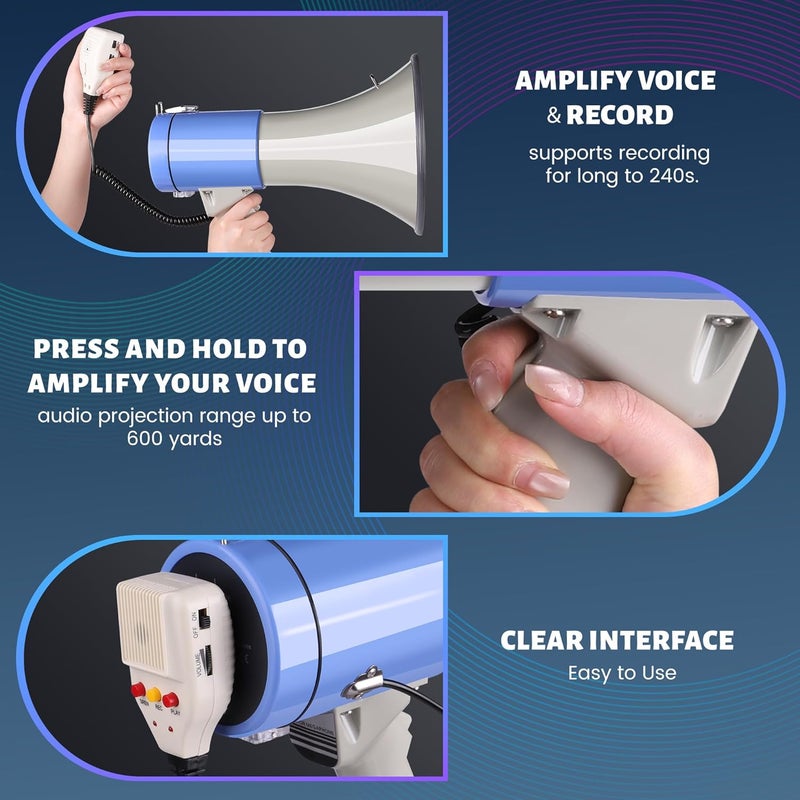 Loudmore 50 Watt Megaphone Bullhorn with Detachable Microphone, 240s Recording and Siren - Perfect for Indoor/Outdoor Sporting Events and Crowd Control - Image 3
