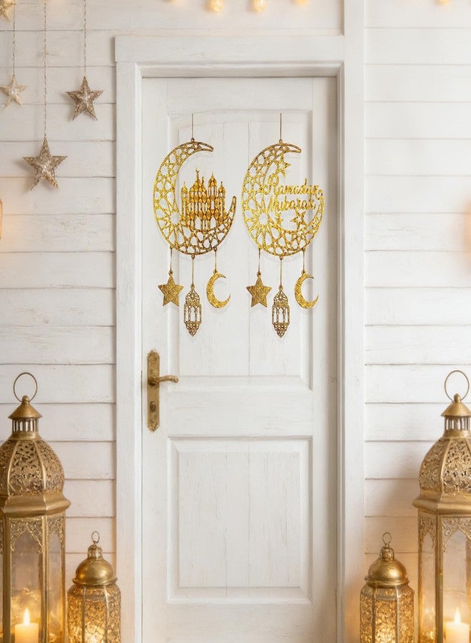iLifemate Ramadan Decorations, Ramadan Mubarak Moon & Mosque Wooden Hanging Decorations - Gold Crescent Moon & Star Decor, Eid Ramadan Decorations for Home Party Door Windows, Ramadan Wall Art Sign - Image 3