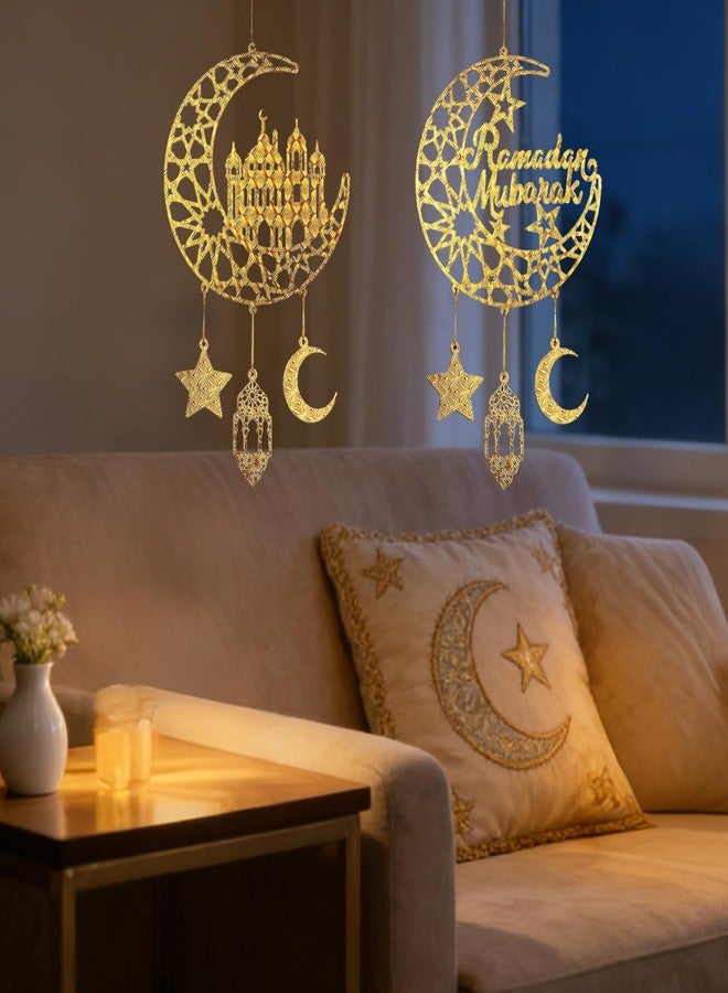 iLifemate Ramadan Decorations, Ramadan Mubarak Moon & Mosque Wooden Hanging Decorations - Gold Crescent Moon & Star Decor, Eid Ramadan Decorations for Home Party Door Windows, Ramadan Wall Art Sign - Image 2
