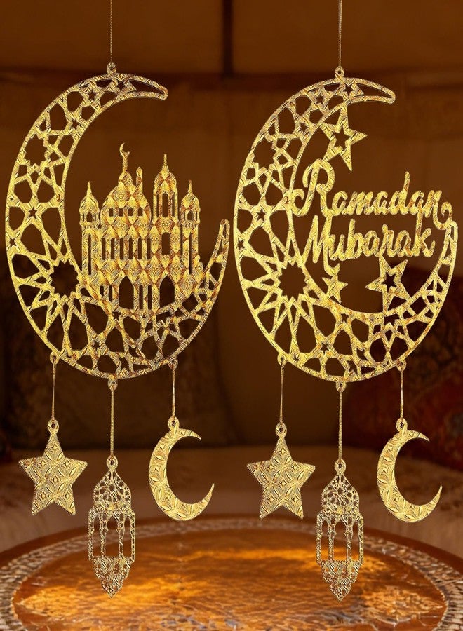iLifemate Ramadan Decorations, Ramadan Mubarak Moon & Mosque Wooden Hanging Decorations - Gold Crescent Moon & Star Decor, Eid Ramadan Decorations for Home Party Door Windows, Ramadan Wall Art Sign - Image 5