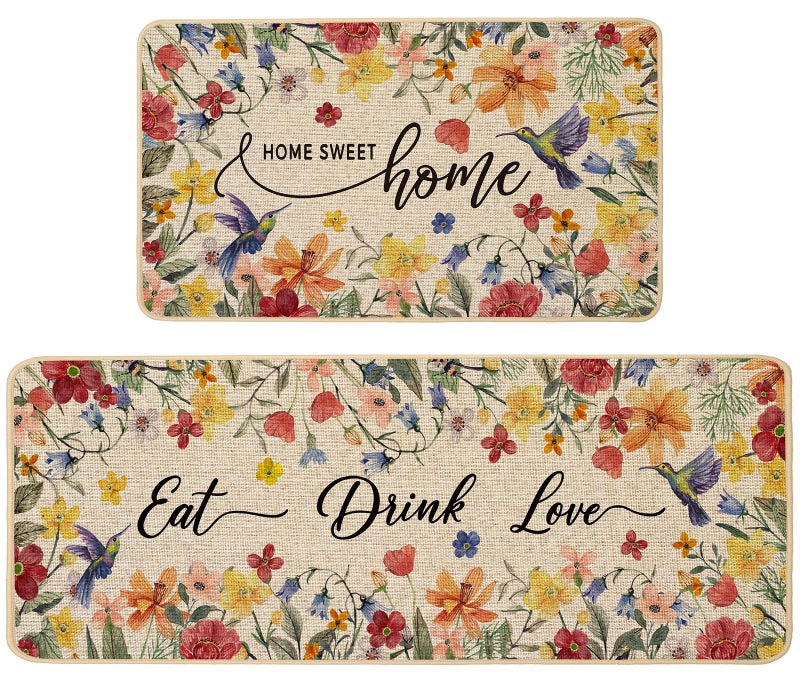 Baccessor Home Sweet Home Floral Kitchen Mats Set of 2,Spring Summer Hummingbird Flowers Kitchen Rugs Absorbent Non Slip Low-Profile Washable for Floor Home Decor 17x29 and 17x47 Inch - Image 1
