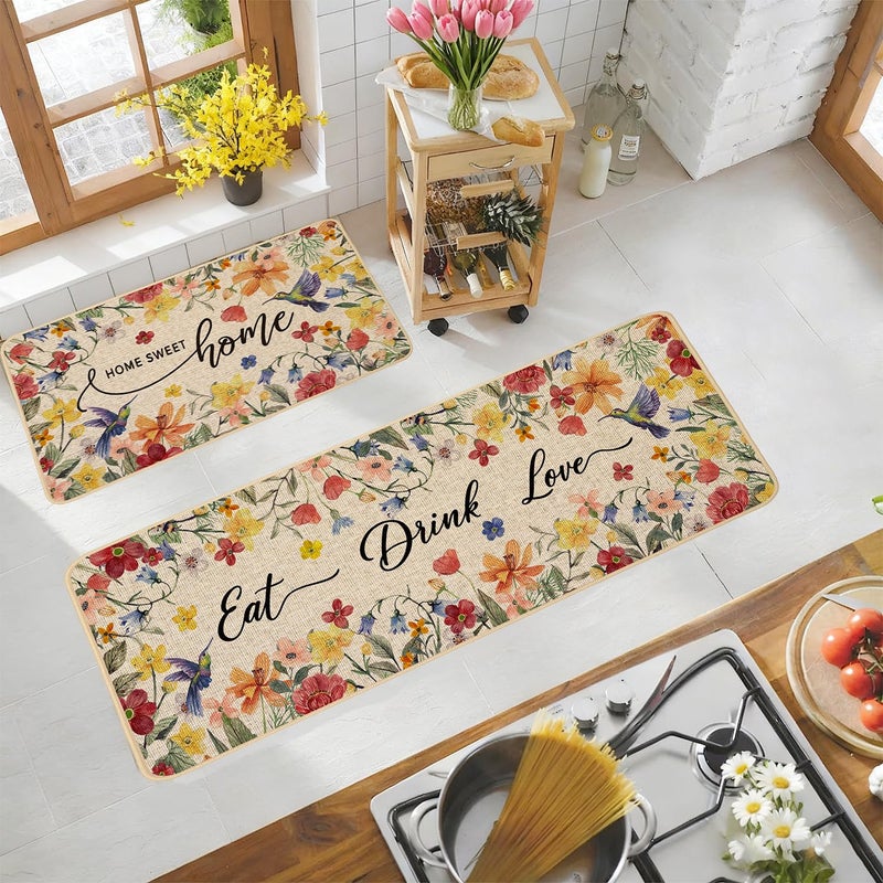 Baccessor Home Sweet Home Floral Kitchen Mats Set of 2,Spring Summer Hummingbird Flowers Kitchen Rugs Absorbent Non Slip Low-Profile Washable for Floor Home Decor 17x29 and 17x47 Inch - Image 5