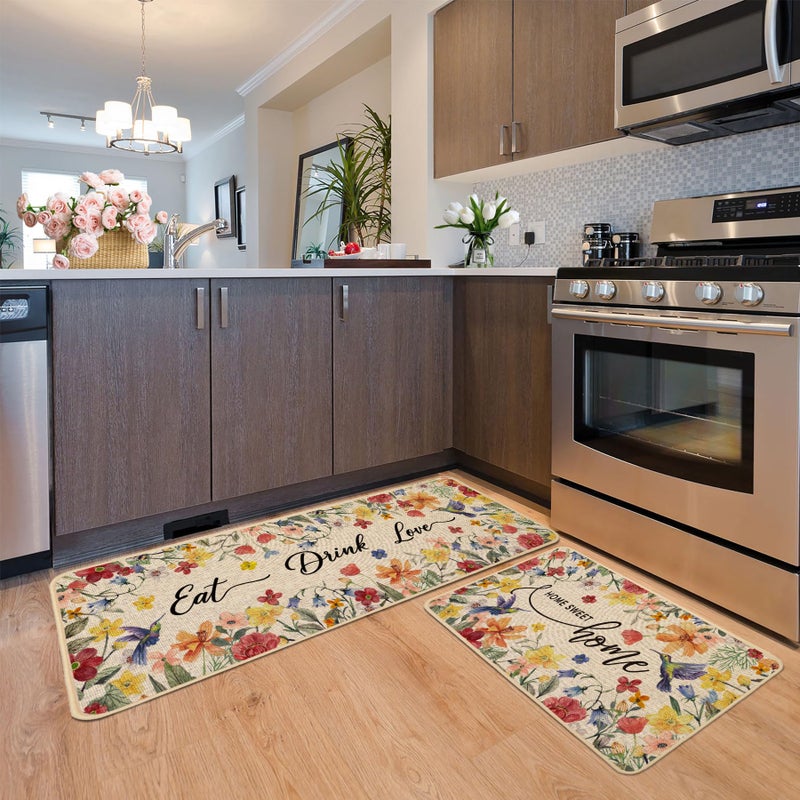 Baccessor Home Sweet Home Floral Kitchen Mats Set of 2,Spring Summer Hummingbird Flowers Kitchen Rugs Absorbent Non Slip Low-Profile Washable for Floor Home Decor 17x29 and 17x47 Inch - Image 2