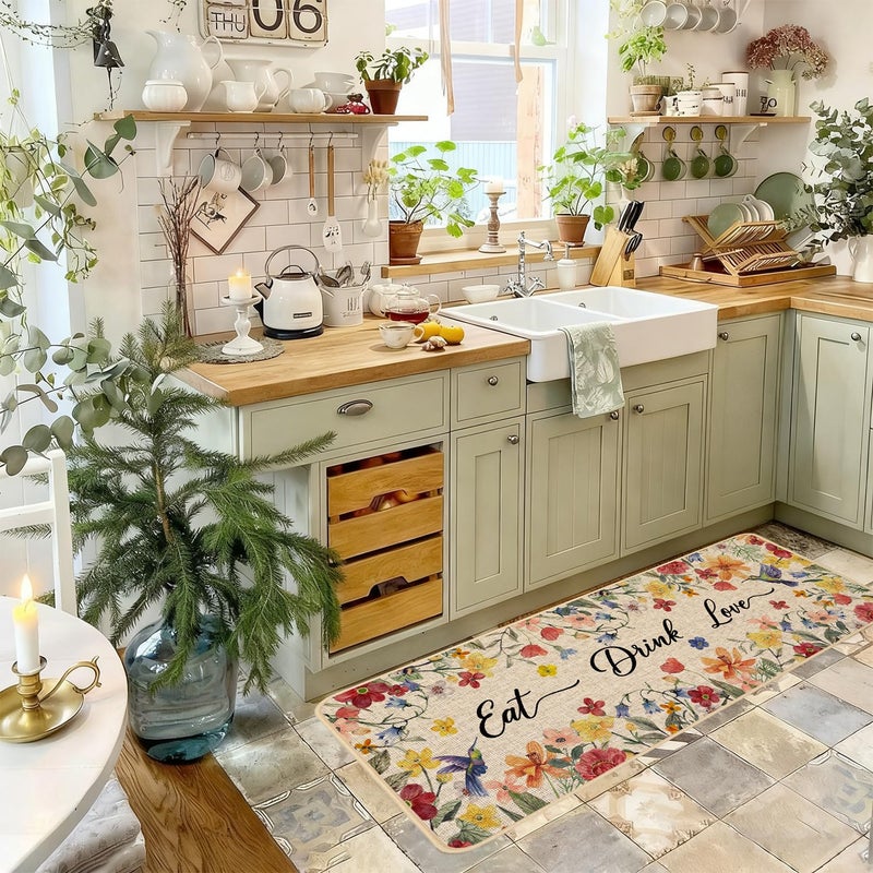 Baccessor Home Sweet Home Floral Kitchen Mats Set of 2,Spring Summer Hummingbird Flowers Kitchen Rugs Absorbent Non Slip Low-Profile Washable for Floor Home Decor 17x29 and 17x47 Inch - Image 3