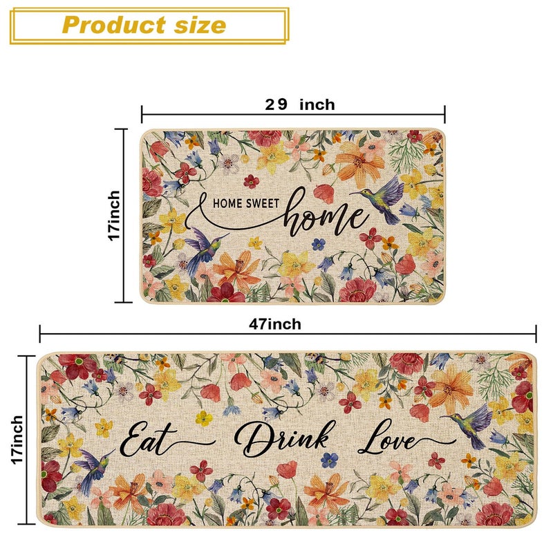 Baccessor Home Sweet Home Floral Kitchen Mats Set of 2,Spring Summer Hummingbird Flowers Kitchen Rugs Absorbent Non Slip Low-Profile Washable for Floor Home Decor 17x29 and 17x47 Inch - Image 4