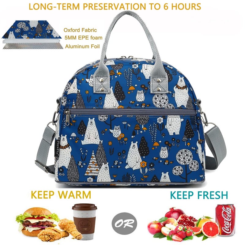 FlowFly Insulated Lunch Bag With Shoulder Strap for Women, Men, and Kids, Large and Reusable, Handle, Freezable Work and School Travel Tote and Meal Prep Organizer,Owl - Image 2