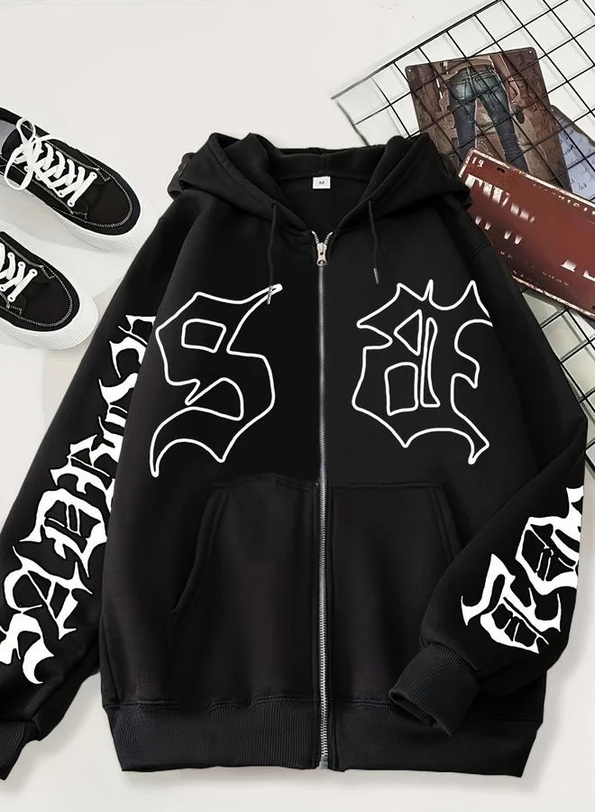 Take Two Black Gothic Print Zip-Up Jacket