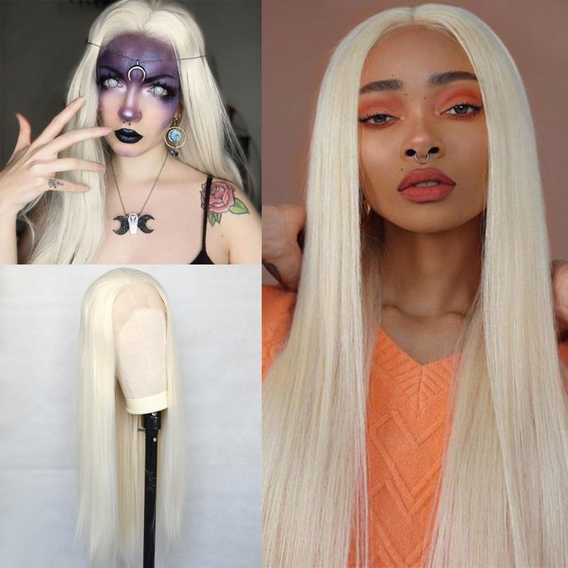 Luwigs Platinum Blonde Lace Front Wigs Synthetic Light Blonde Long Straight Natural Half Hand Tied Replacement Wigs for Women Heat Resistant 22inches - Image 2