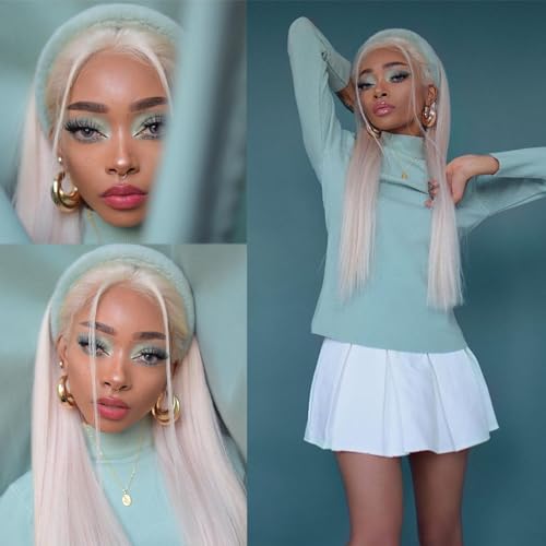 Luwigs Platinum Blonde Lace Front Wigs Synthetic Light Blonde Long Straight Natural Half Hand Tied Replacement Wigs for Women Heat Resistant 22inches - Image 3
