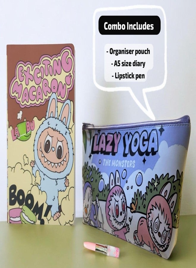 Le Delite Kawaii Macaron Diary Set with Ruled Pages, Cartoon Zipper Pouch and Lipstick Pen, Cute Stationery Collection - Image 3