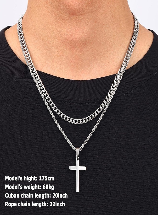 Fiusem 2 Pcs Cross Necklace Chain for Men and Women, Layered Mens Cross Necklaces Stainless Steel Pendant Cuban Link Rope Chain 16-26 Inch, Jewelry Gift, 16in/18in, Stainless Steel, No Gemstone - Image 2