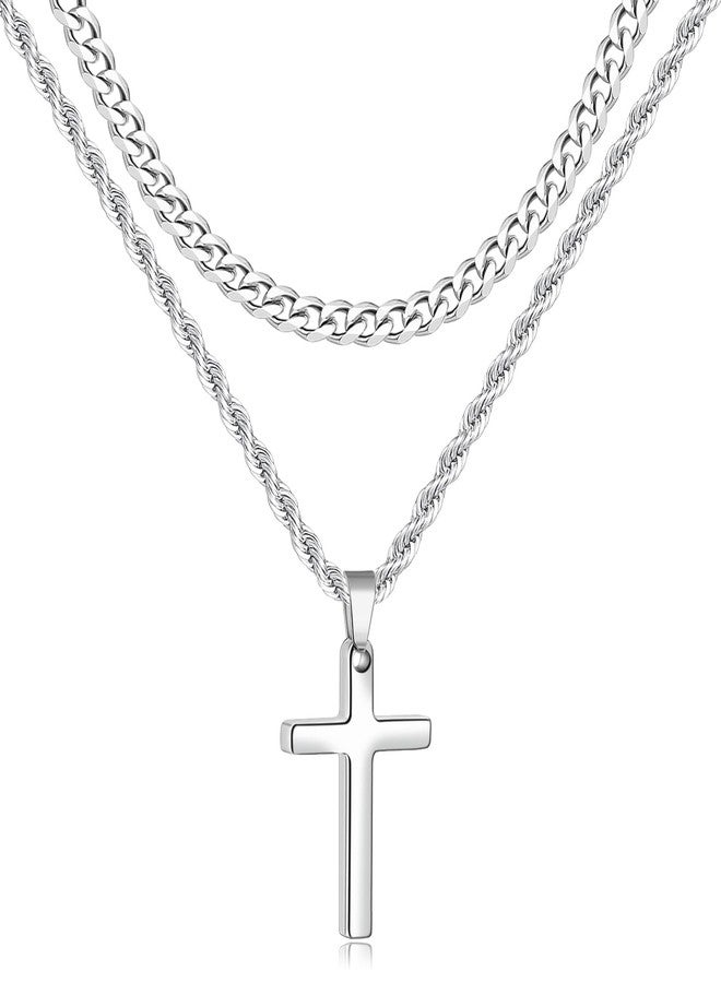 Fiusem 2 Pcs Cross Necklace Chain for Men and Women, Layered Mens Cross Necklaces Stainless Steel Pendant Cuban Link Rope Chain 16-26 Inch, Jewelry Gift, 16in/18in, Stainless Steel, No Gemstone - Image 1