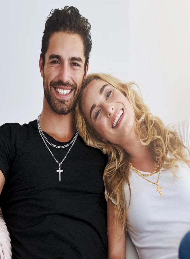 Fiusem 2 Pcs Cross Necklace Chain for Men and Women, Layered Mens Cross Necklaces Stainless Steel Pendant Cuban Link Rope Chain 16-26 Inch, Jewelry Gift, 16in/18in, Stainless Steel, No Gemstone - Image 3