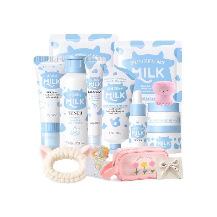 14PCS Milk Skincare Set for Kids - Skincare for Girls 10-12, Kids Face Care Kit with Face Wash, Milk Toner, Lip Mask, Cream & Mask, Cute Skincare Set, Birthday Gifts for Girls 8-12